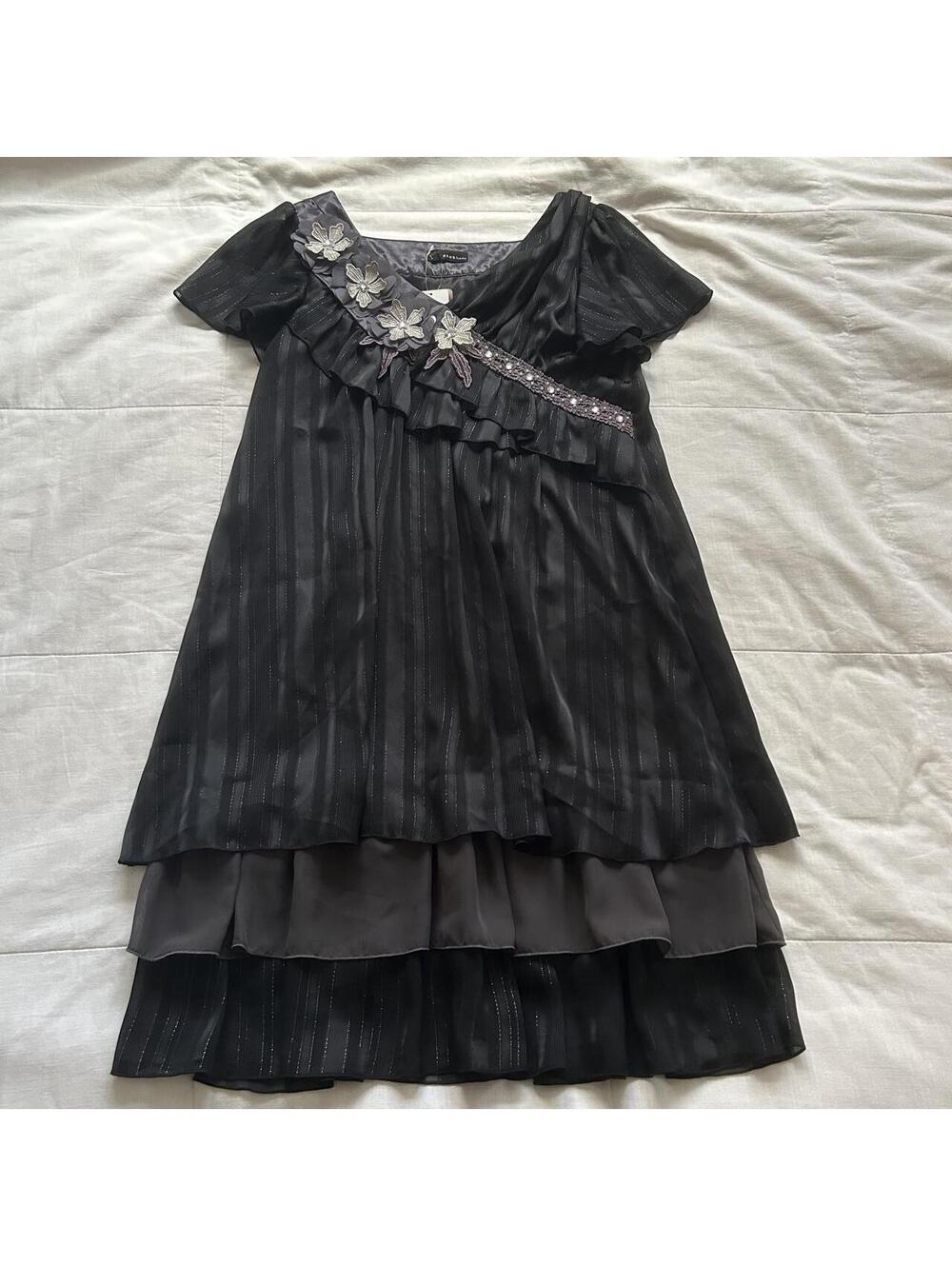 Axes Femme Black Tiered Dress Floral Applique Pearl Ruffle Medium NWT